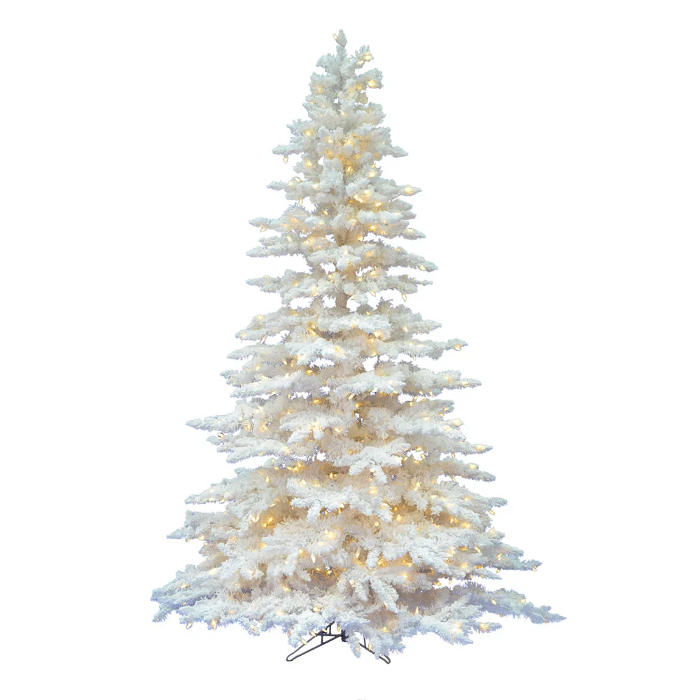 9'Hx67"W Flocked White Spruce Artificial Christmas Tree, LED Pre-Lit -White