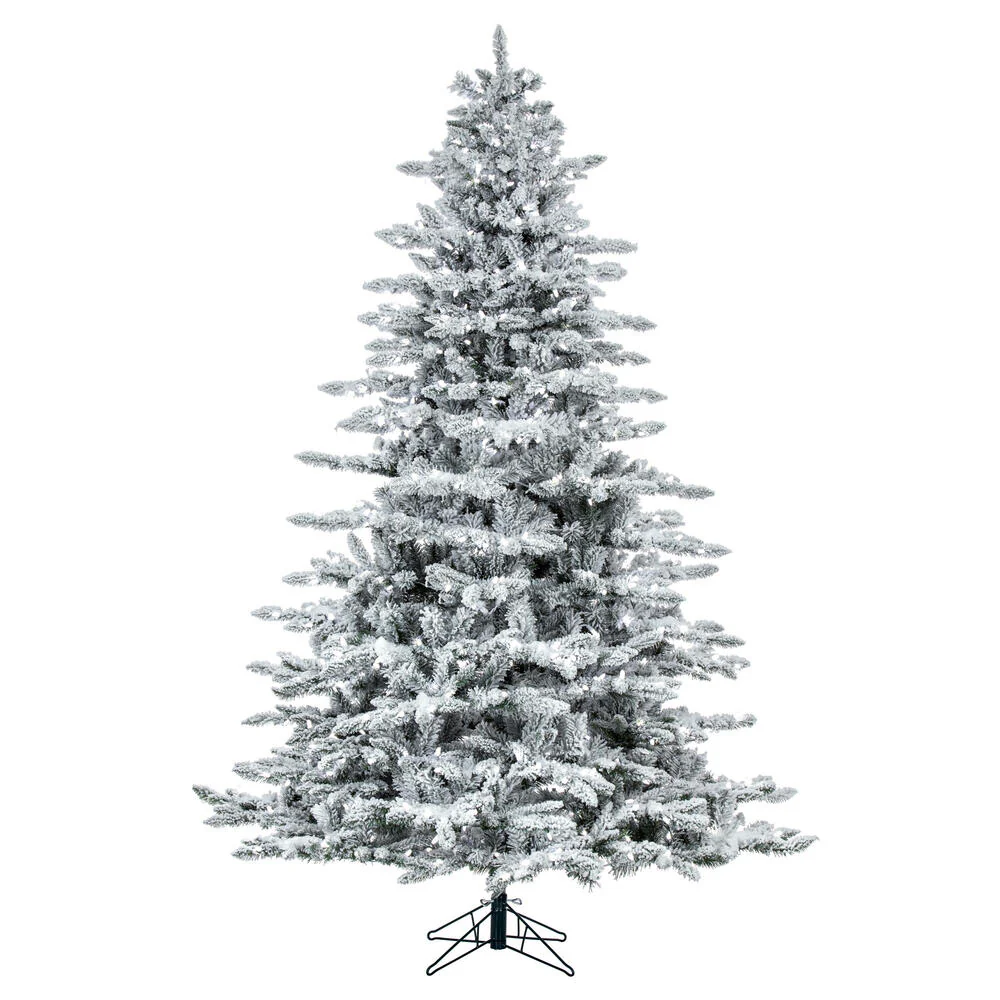9'Hx72"W Flocked Utica Fir Artificial Christmas Tree, LED Pre-Lit -White/Green