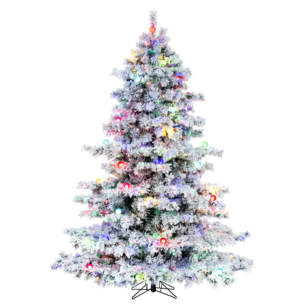 9'Hx73"W Flocked Alaskan Pine Artificial Christmas Tree, G50 & LED Pre-Lit (Multicolor) -White