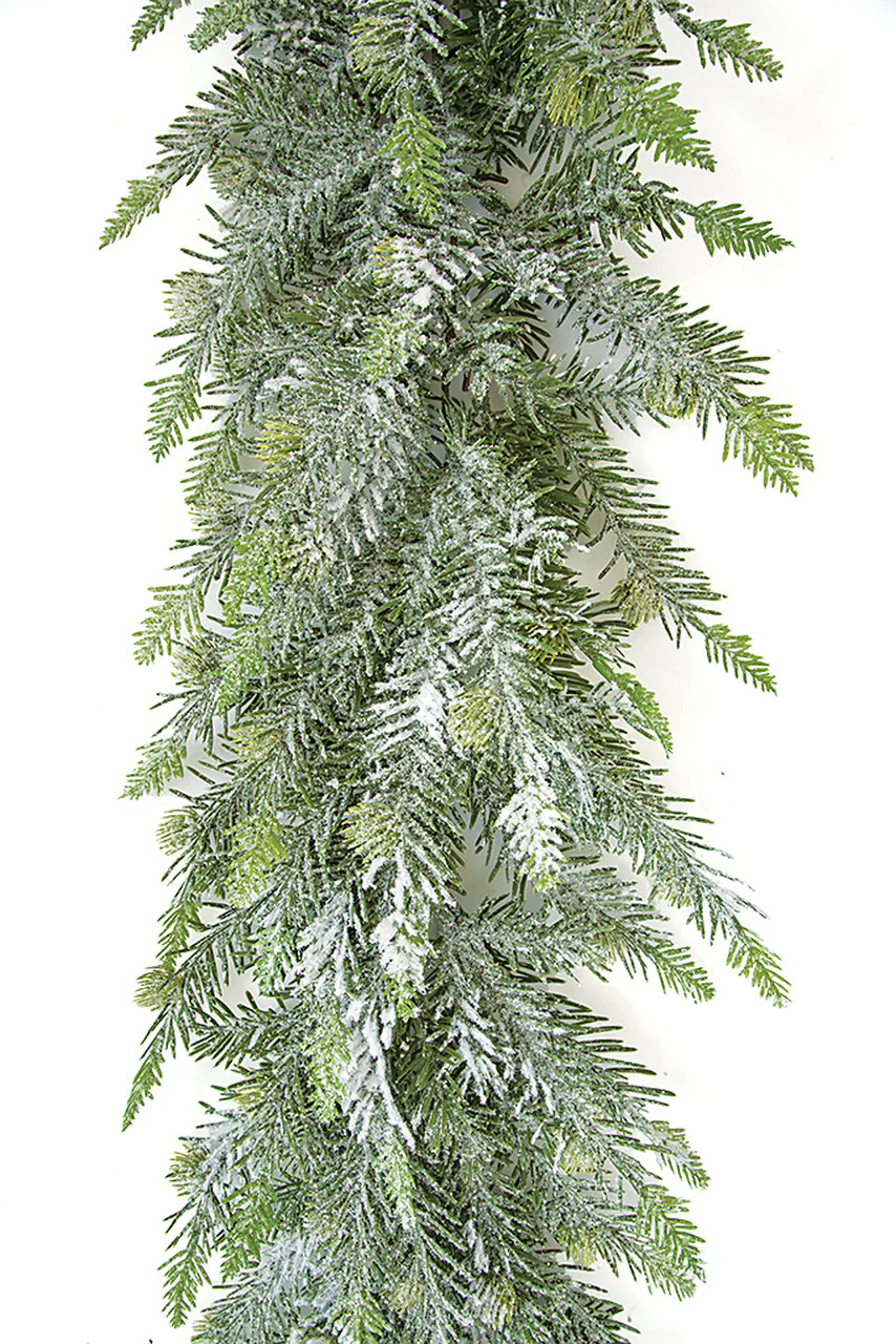 9'Lx10"W Flocked & Glittered Pine Artificial Garland -Green/White (Pack of 2) - Image 2