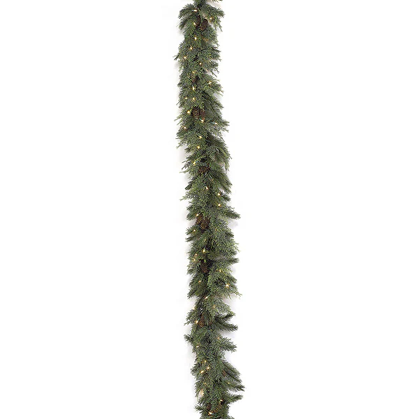 9'Lx12"W Artificial Mixed Needle & Pinecone Garland, LED Pre-Lit -Green/Brown