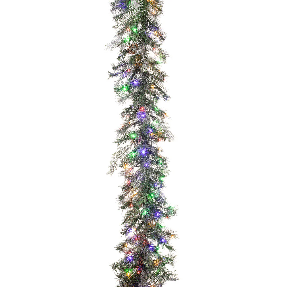 9'Lx12"W Flocked Pine & Pinecone Artificial Garland, LED Pre-Lit (Multi-Mode) -Green (Pack of 2)