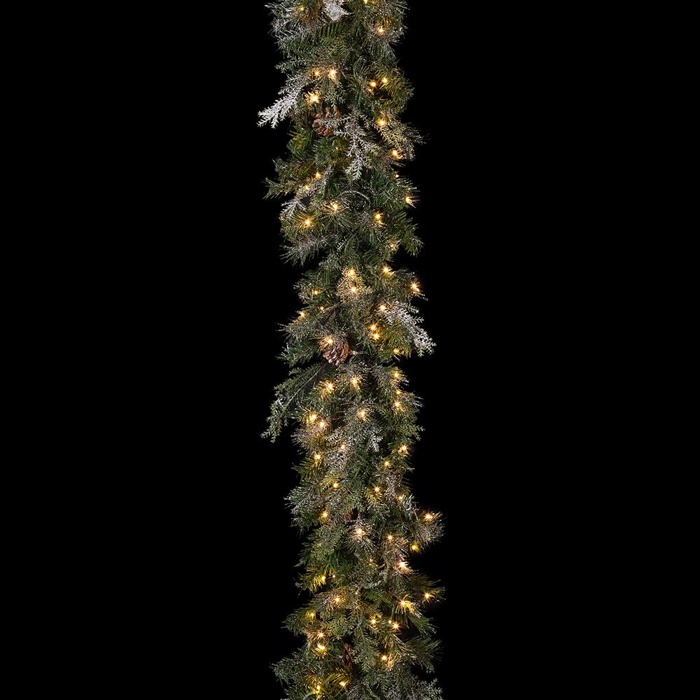 9'Lx12"W Flocked Pine & Pinecone Artificial Garland, LED Pre-Lit (Multi-Mode) -Green (Pack of 2) - Image 2