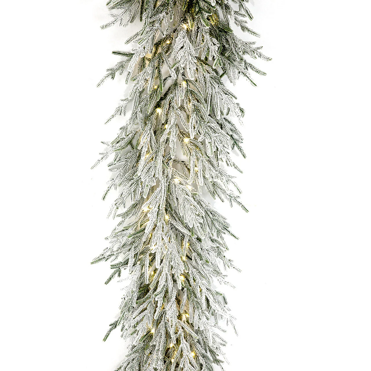 9'Lx16"W PE Flocked Norfolk Pine Artificial Garland, Micro LED Pre-Lit (Warm White, Multi-Mode) -White (Pack of 2) - Image 2